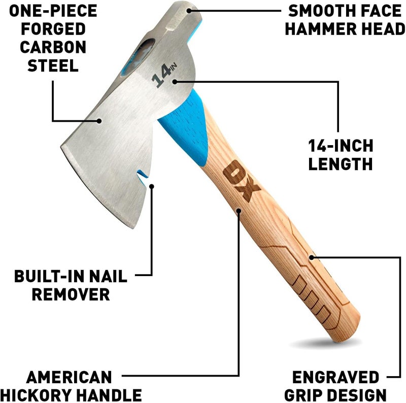 Ox Tools Pro 14 Inch Carbon Steel Hatchet, Straight Hickory Handle & Smooth Face Hammer Head -P094814 - Image 2